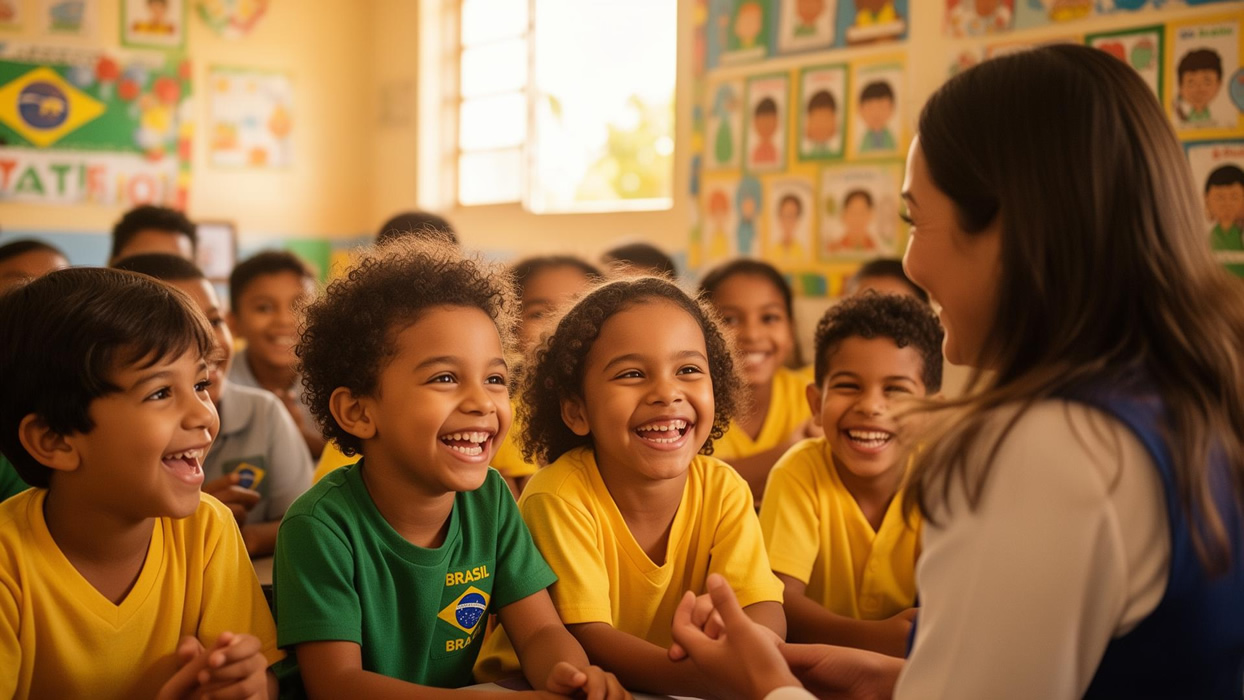 Crianças sorrindo em uma roda de conversa com a professora na Escola Sathya Sai