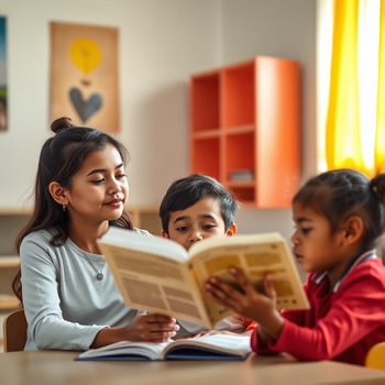 Professora lendo um livro com duas crianças atentas