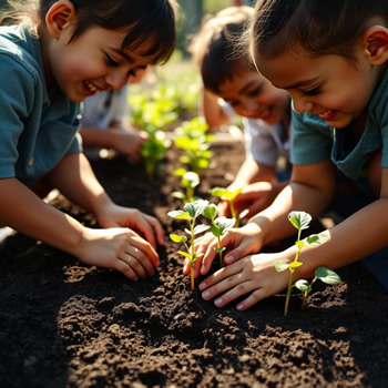 Crianças plantando mudas no jardim da escola